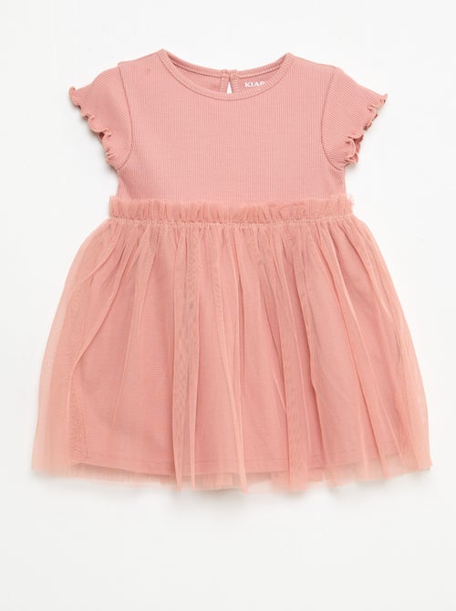 Vestido em malha canelada e tule - Kiabi