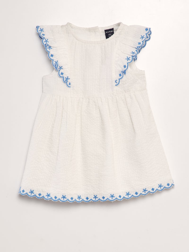 Vestido em malha gofrada bordado BRANCO - Kiabi