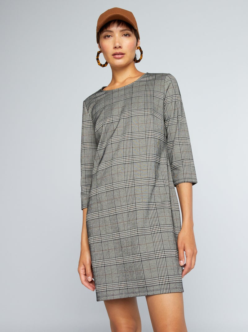 Vestido em malha milano aos quadrados MARROM - Kiabi