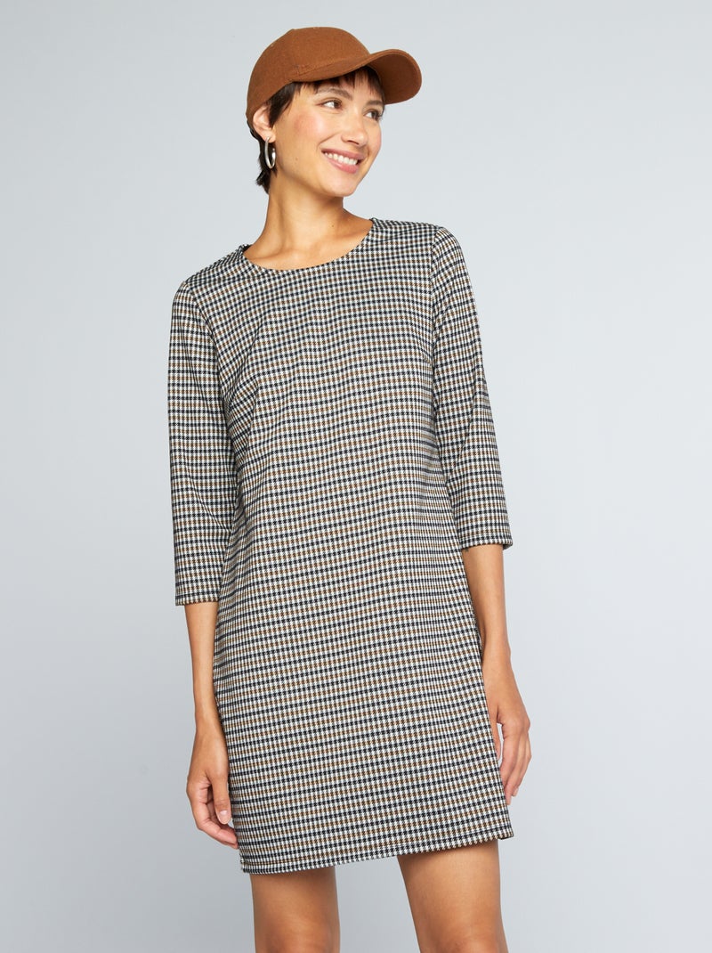 Vestido em malha milano aos quadrados MARROM - Kiabi