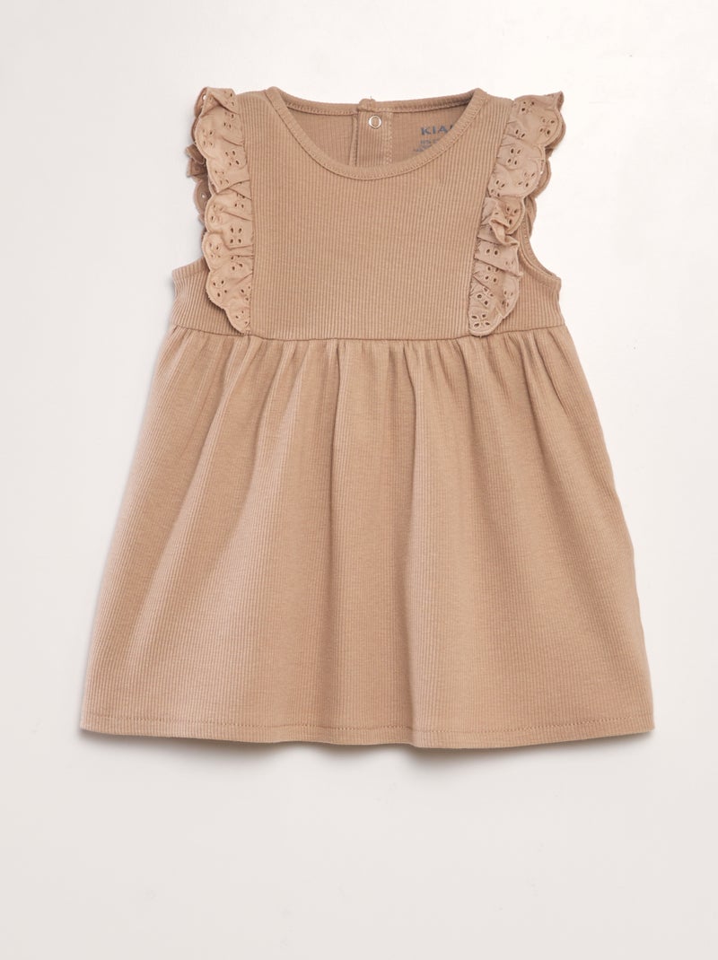 Vestido em malha nervurada com folhos BEGE - Kiabi