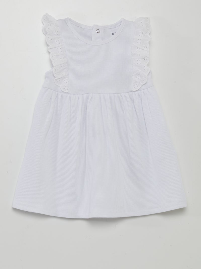 Vestido em malha nervurada com folhos Branco - Kiabi