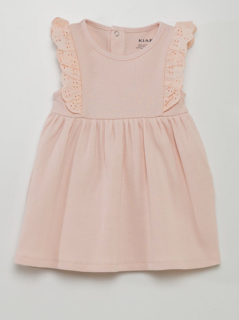 Vestido em malha nervurada com folhos ROSA - Kiabi