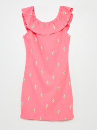 Vestido em malha nervurada com gola bardot