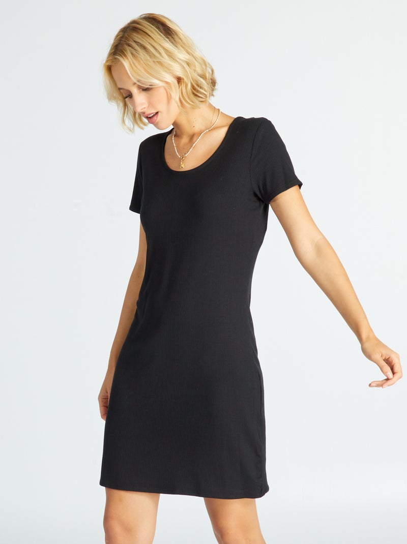 Vestido em malha nervurada Preto - Kiabi