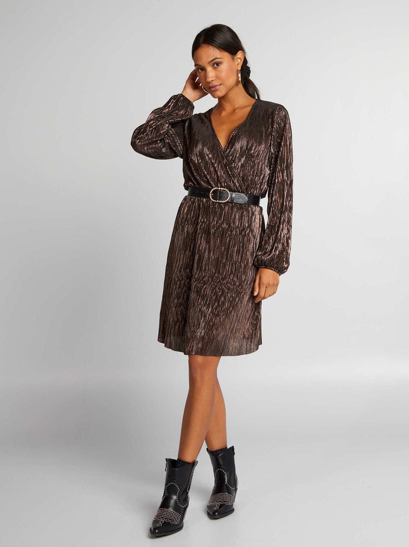 Vestido em malha plissada brilhante MARROM - Kiabi