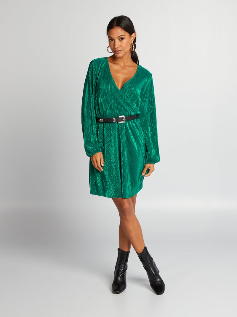Vestido em malha plissada brilhante VERDE - Kiabi