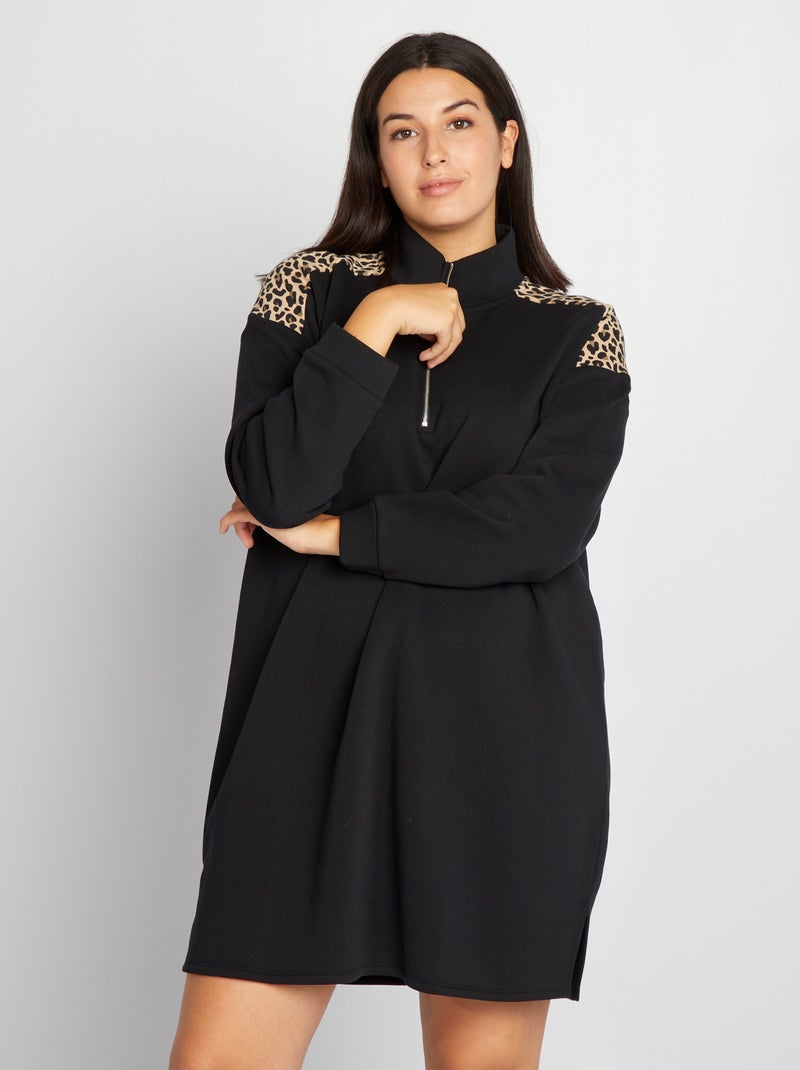 Vestido em moletão com gola de fecho PRETO - Kiabi