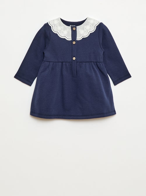 Vestido em moletom com gola em voile de algodão bordado - Kiabi