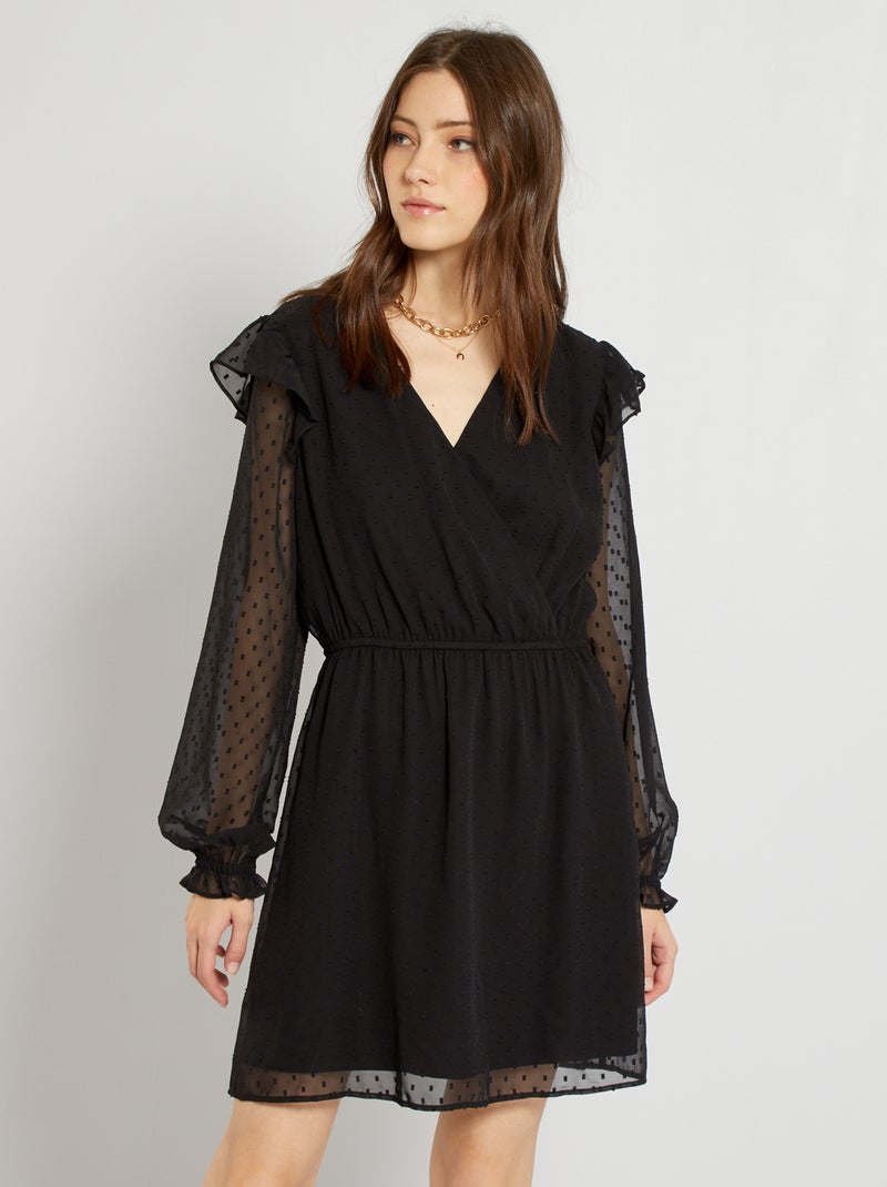 Vestido em musselina a ponto cheio PRETO - Kiabi