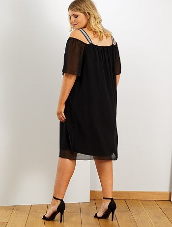 Vestido em ouropel com gola Bardot - Kiabi