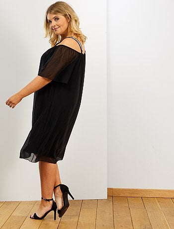 Vestido em ouropel com gola Bardot - Kiabi