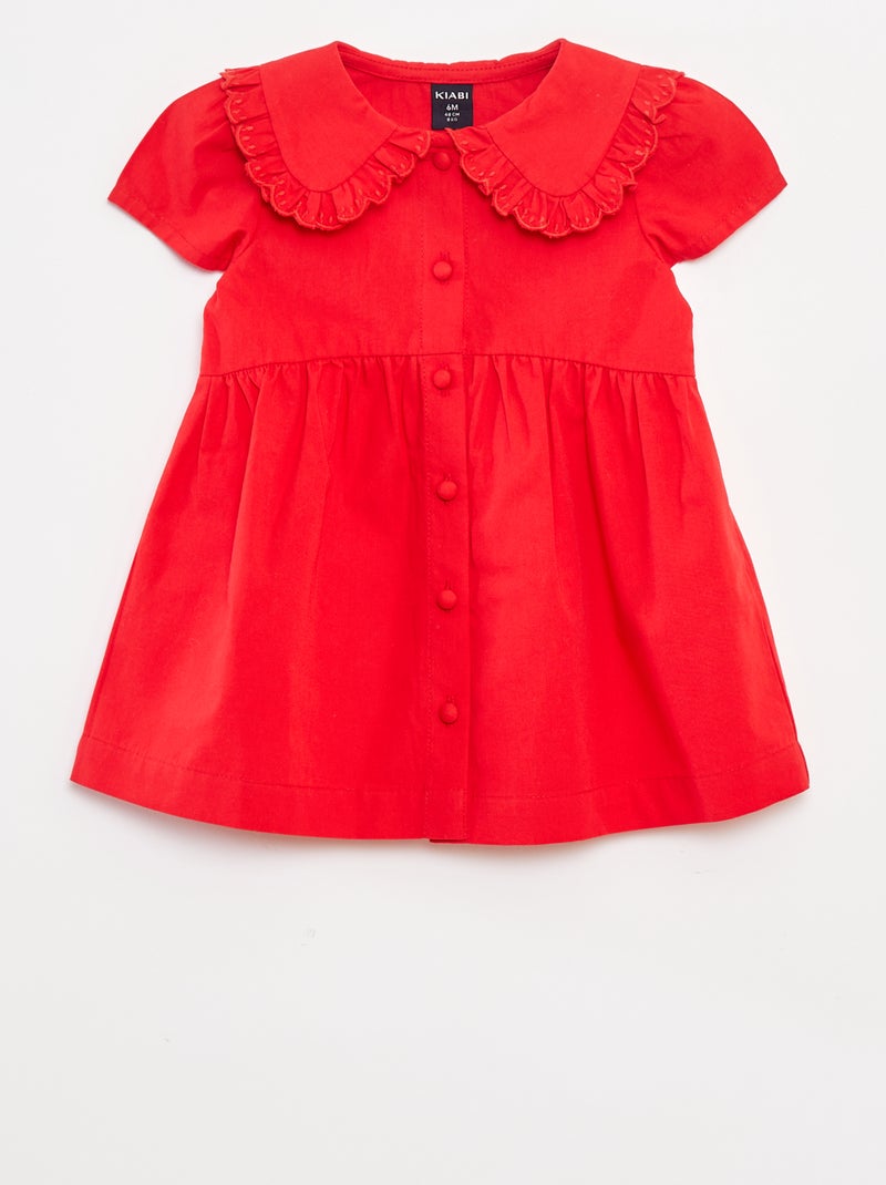 Vestido em popelina com abertura com botões Vermelho - Kiabi