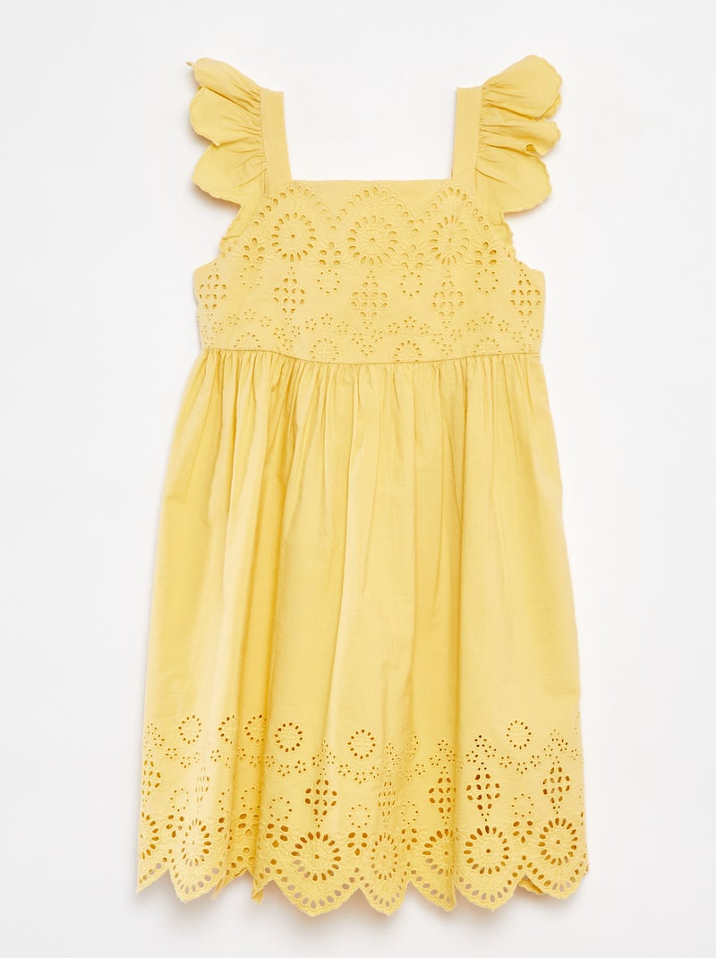 Vestido em popelina com bordado inglês Amarelo - Kiabi