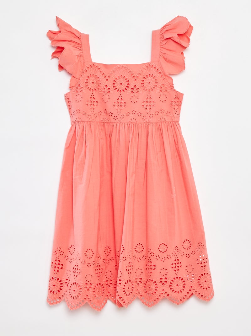 Vestido em popelina com bordado inglês Rosa - Kiabi
