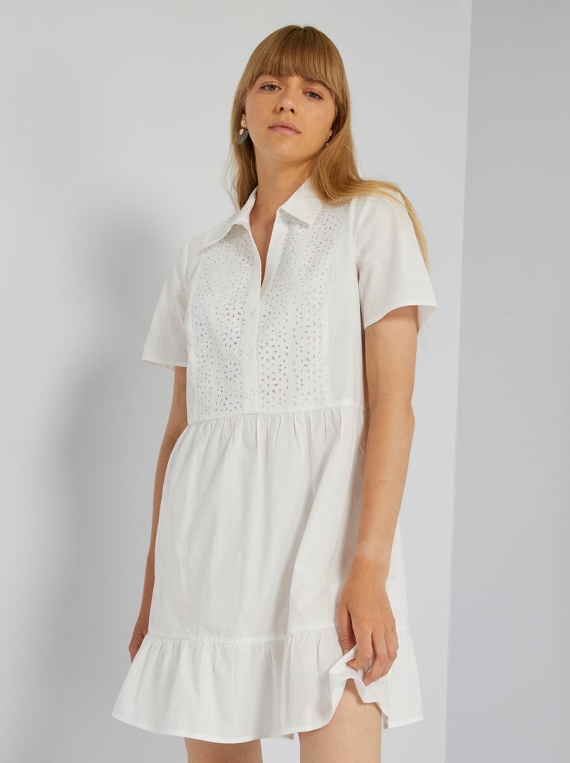Vestido em popelina com bordados Branco - Kiabi