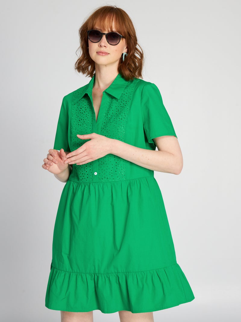 Vestido em popelina com bordados Verde Jardim - Kiabi