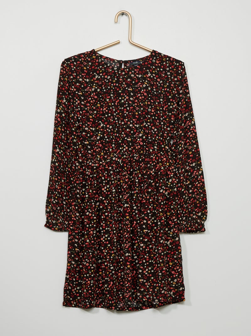 Vestido em sarja com estampado 'flores' PRETO - Kiabi
