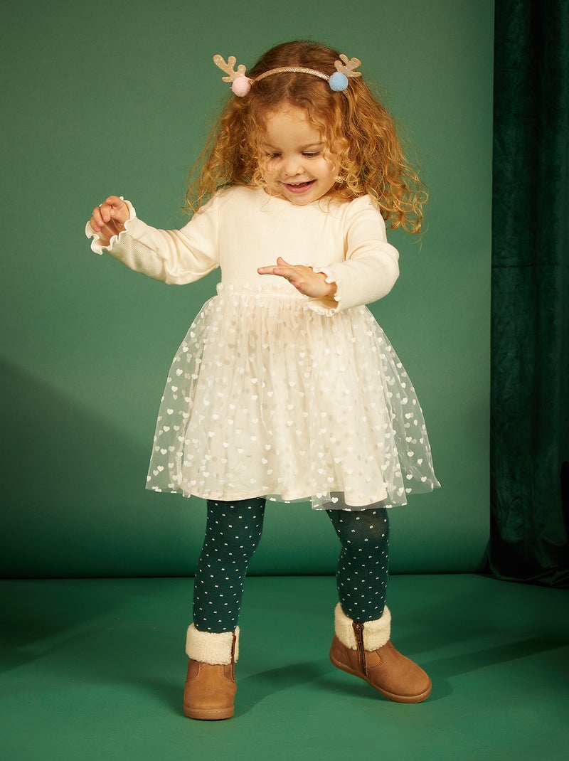Vestido em tecido nervurado e tule BRANCO - Kiabi