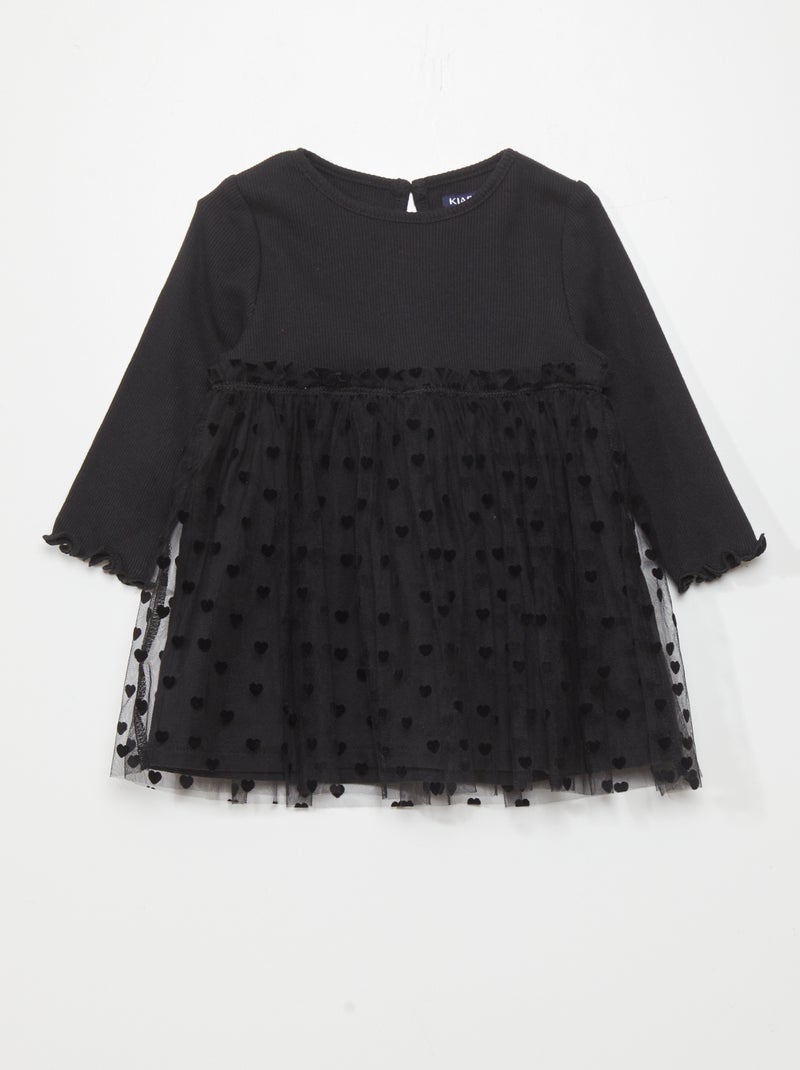 Vestido em tecido nervurado e tule PRETO - Kiabi