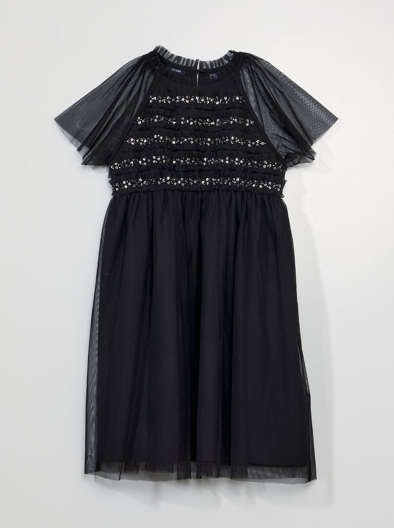 Vestido em tule com lantejoulas e folhos Preto - Kiabi