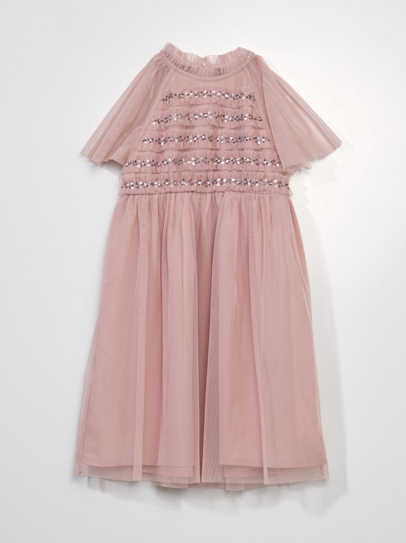 Vestido em tule com lantejoulas e folhos ROSA - Kiabi