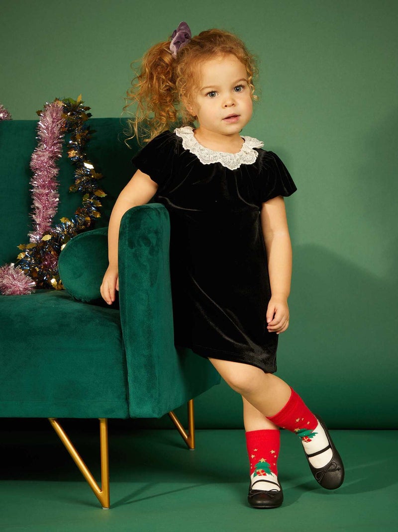 Vestido em veludo com decote em tule bordado Preto - Kiabi