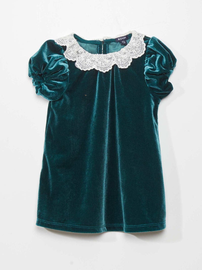 Vestido em veludo com decote em tule bordado VERDE - Kiabi