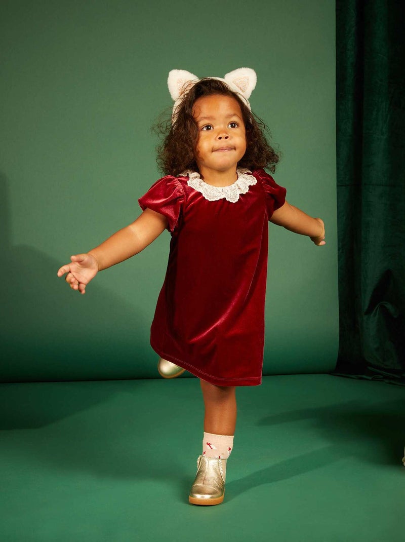 Vestido em veludo com decote em tule bordado VERMELHO - Kiabi