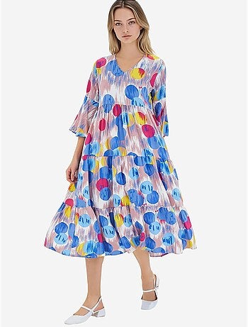 Vestido em viscose com estampado azul royal vermelho e manga curta bdart