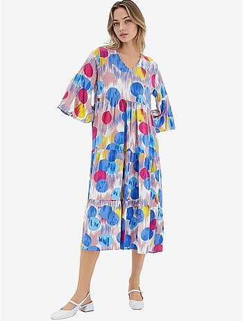 Vestido em viscose com estampado azul royal vermelho e manga curta bdart