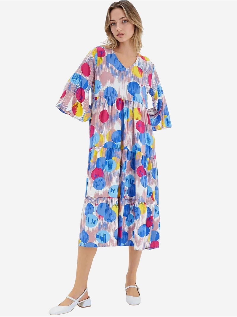 Vestido em viscose com estampado azul royal vermelho e manga curta bdart Azul - Kiabi