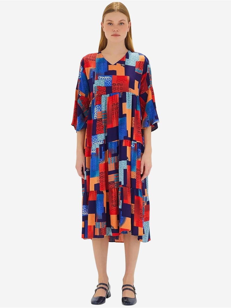 Vestido em viscose com estampado azul royal vermelho e manga curta bdart Vermelho - Kiabi