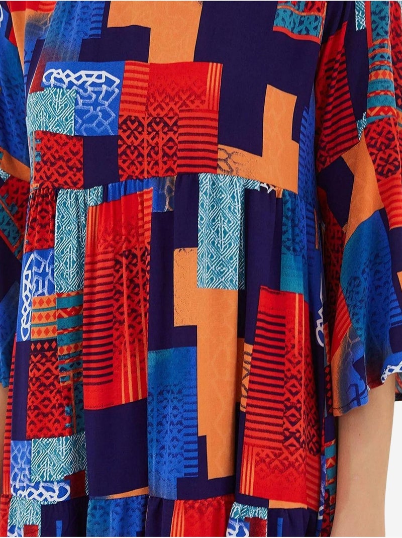 Vestido em viscose com estampado azul royal vermelho e manga curta bdart Vermelho - Kiabi