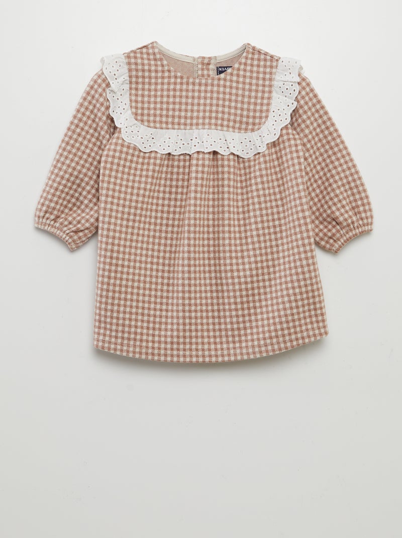 Vestido em xadrez com bordados BEGE - Kiabi