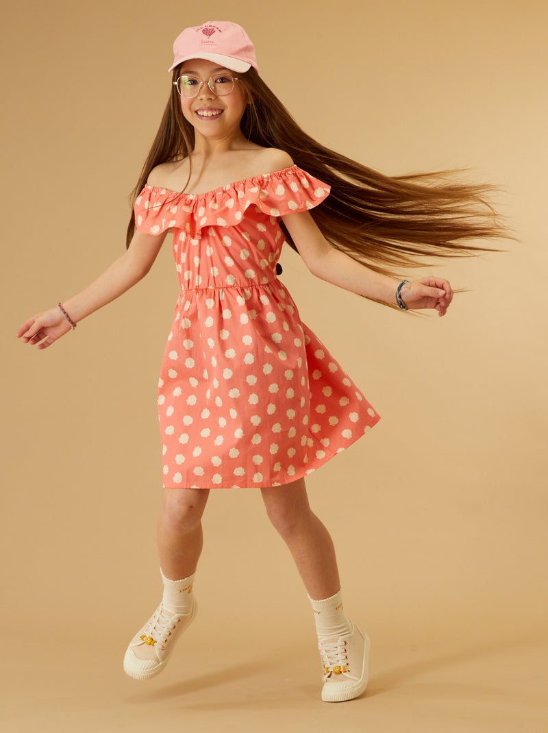 Vestido estampado com gola bardot LARANJA - Kiabi