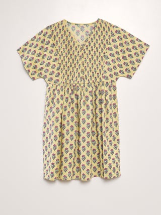 Vestido estampado em algodão e linho