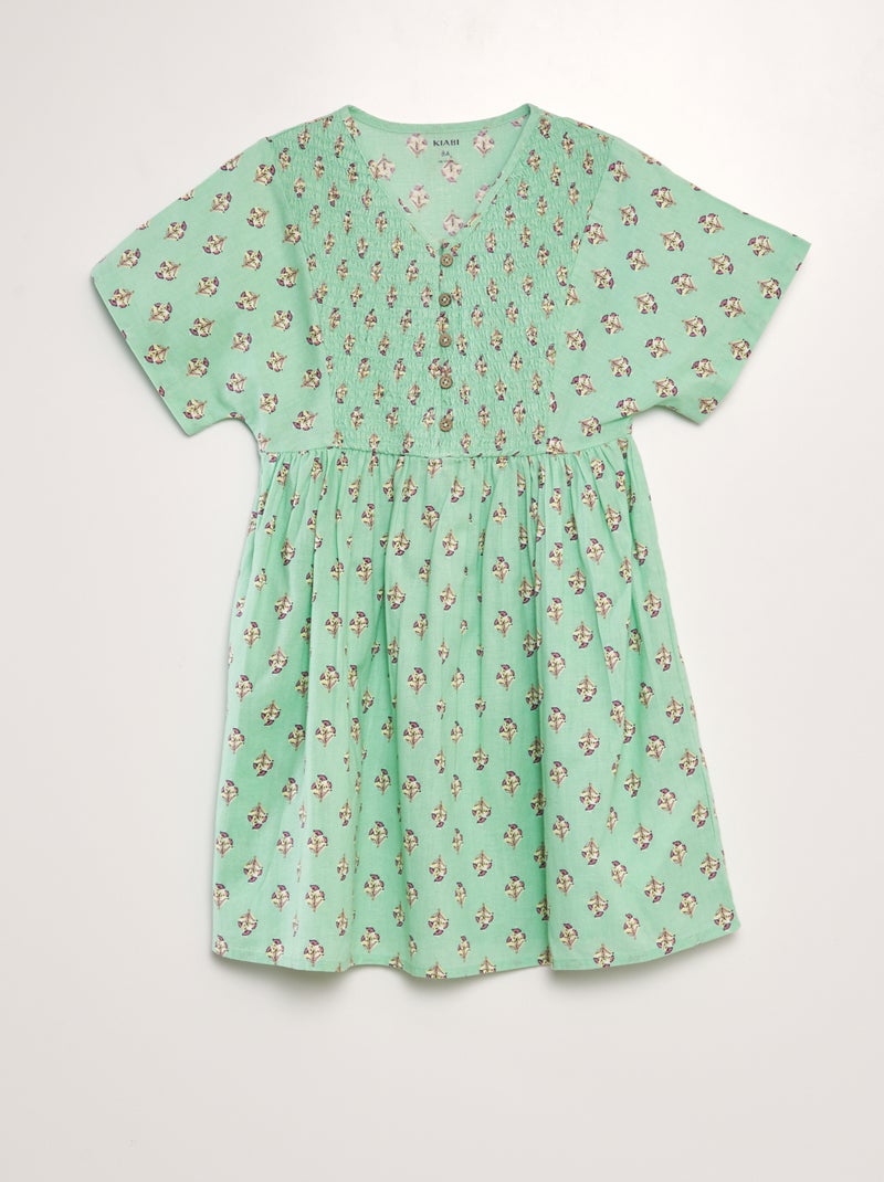 Vestido estampado em algodão e linho VERDE - Kiabi