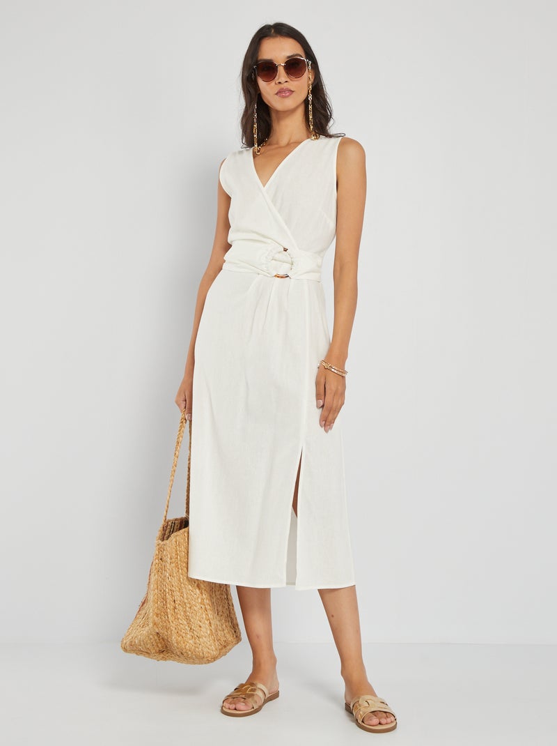 Vestido estilo trespassado de linho BRANCO - Kiabi