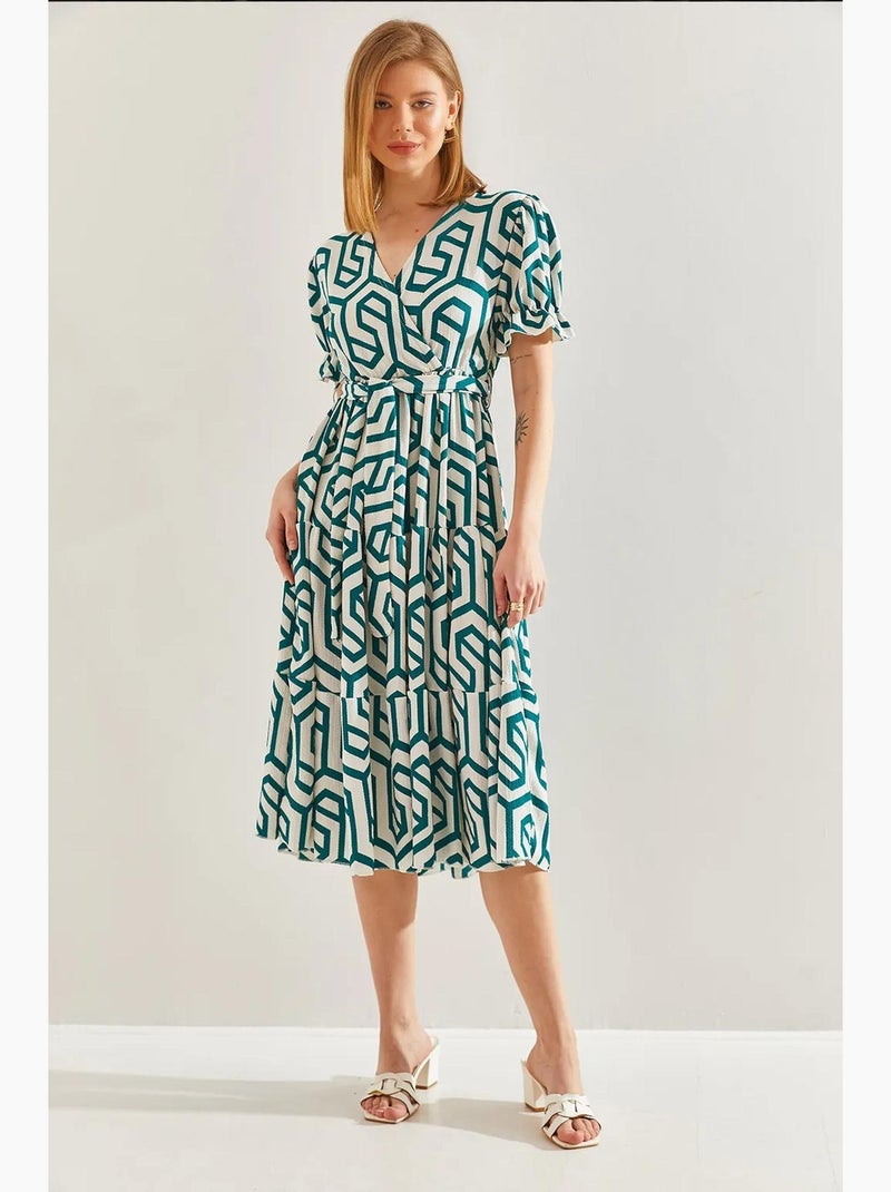 Vestido evasé com decote cruzado e cinto com cós elástico lucci Verde - Kiabi