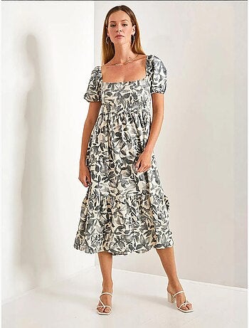 Vestido evasé com decote quadrado e franzido multiestampado lucci
