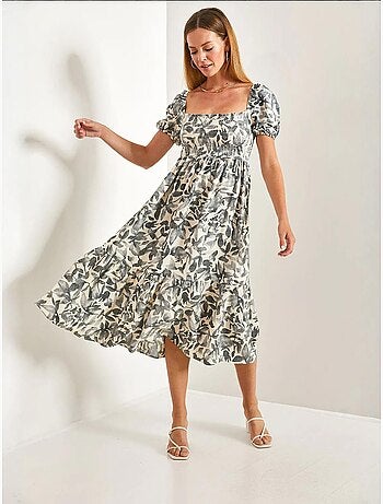 Vestido evasé com decote quadrado e franzido multiestampado lucci