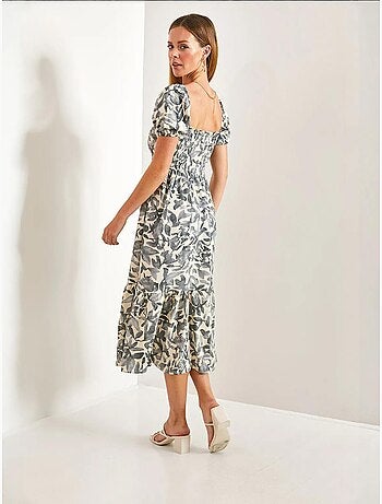 Vestido evasé com decote quadrado e franzido multiestampado lucci