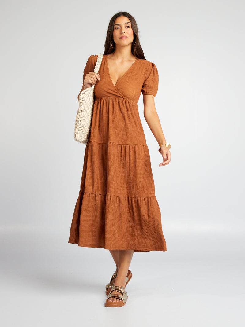Vestido evasé com folhos CASTANHO - Kiabi