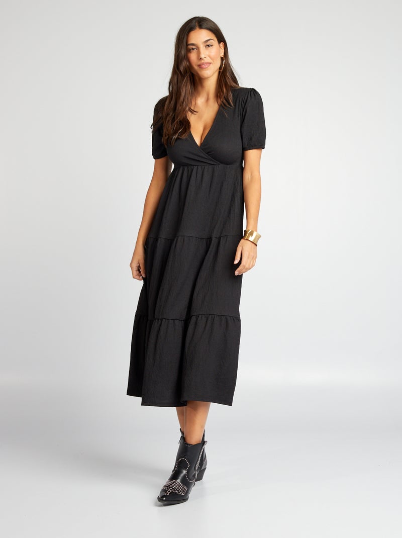Vestido evasé com folhos Preto - Kiabi