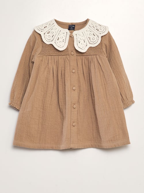 Vestido evasé em gaze de algodão + gola amovível - Kiabi
