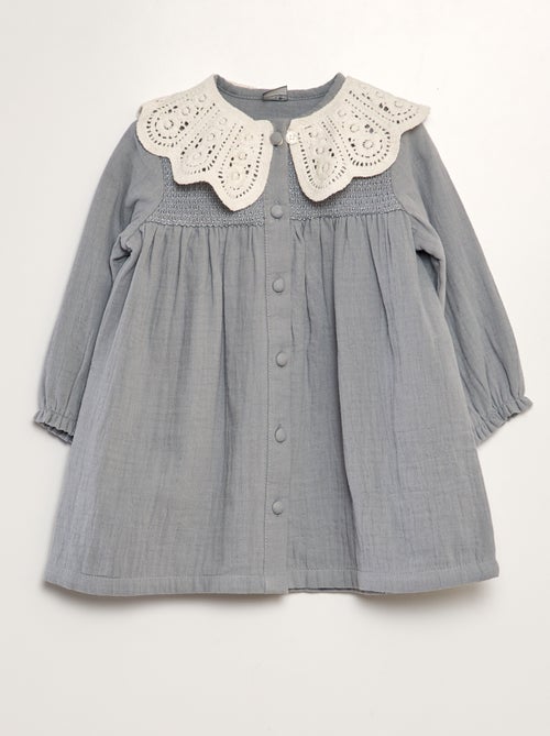 Vestido evasé em gaze de algodão + gola amovível - Kiabi