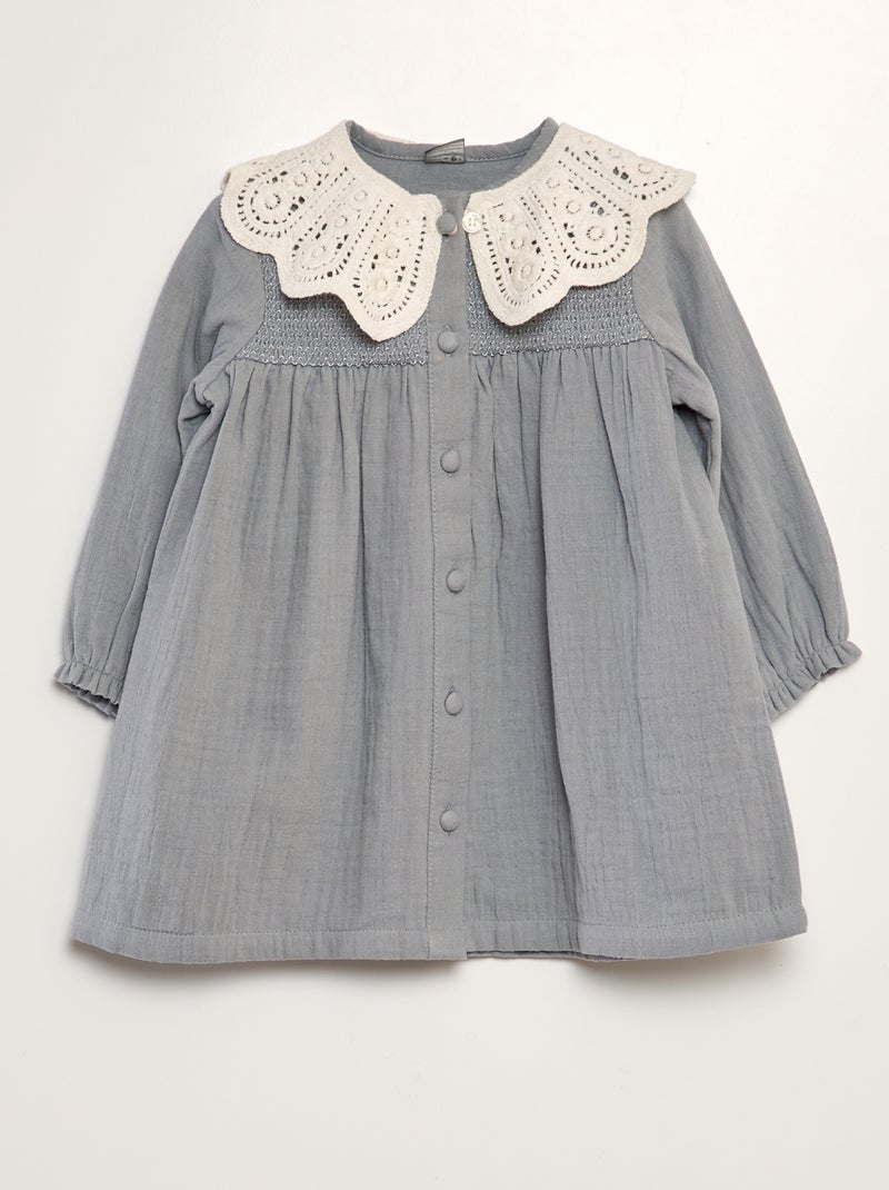Vestido evasé em gaze de algodão + gola amovível CINZA - Kiabi