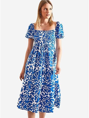 Vestido evasé estampado com cintura franzida lucci