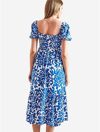 Vestido evasé estampado com cintura franzida lucci